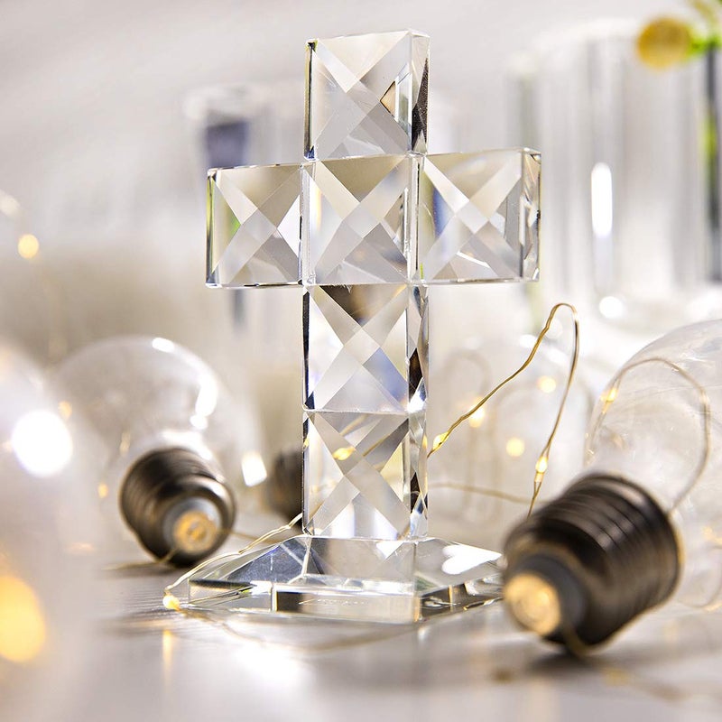 QFkris Crystal Cross Traditional Standing Cross On Base Clear 5'' Tall Glass Tabletop Cross Figurine Christian Decor for Women Man - Image 3